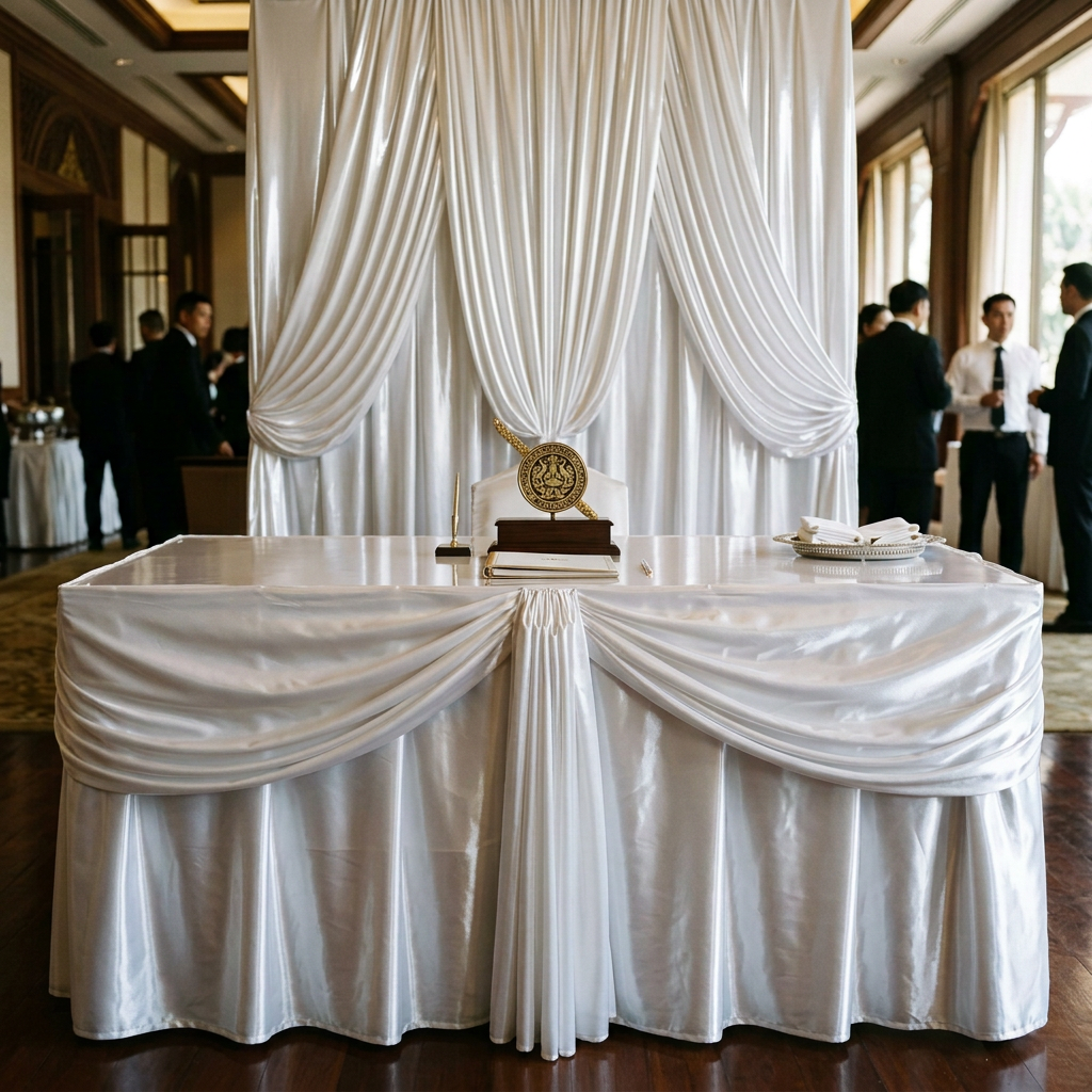 Table with white draped fabric, pen, and official seal in formal setting